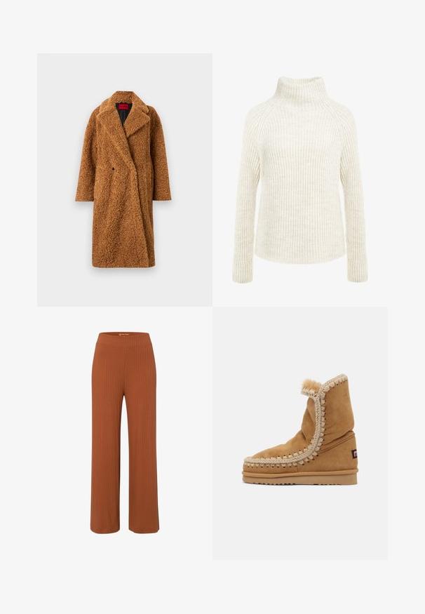 Lange brown teddyjas met brede revers en enkele zwarte knoopsluiting, hangend tegen een eenvoudige witte achtergrond.; Crème kleurige ribgebreide trui met een hoge hals, lange mouwen en een relaxte pasvorm. Getextureerde stof met subtiele variaties in tint.; Roodbruine wijde broek van ribstof met een elastische tailleband, met een soepele textuur en een relaxte pasvorm.; Mou Laarzen - tobacco