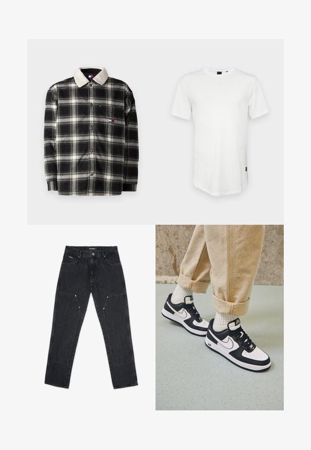 Schwarz-weiße karierte Flanellshirt mit einem weichen, beigefarbenen Kragen, Knopfverschluss und einem kleinen gestickten Logo.; Weißes T-Shirt mit kurzen Ärmeln aus Baumwolle, mit Rundhalsausschnitt und einem leicht verlängerten Rückenteil, sowie einem kleinen Logo-Akzent an der Seite.; Pegador VINTO CARPENTER - Carpenter Jeans - washed black; Schwarz-weiße Nike Air Force 1 Sneaker mit einem Obermaterial aus Leder, perforierter Zehenpartie und strukturiertem Sohlendesign, getragen mit aufgerollten beigen Hosen und weißen Socken.