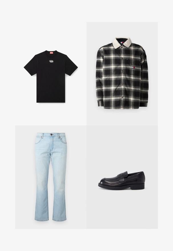 Camisa a cuadros en blanco y negro hecha de franela, con un suave cuello color crema, cierre de botones y un pequeño logo bordado.; Camiseta de algodón negra con cuello redondo y mangas cortas. Presenta un pequeño logotipo plateado bordado en el centro del frente.; Vaqueros de mezclilla azul claro con cintura de talle medio, cierre de botón y cremallera, bolsillos delanteros y piernas ligeramente acampanadas.; Mocasín de cuero negro con tacón bajo y correa a lo largo de la parte superior, con logotipo en relieve en la correa, mostrado de perfil sobre fondo blanco.
