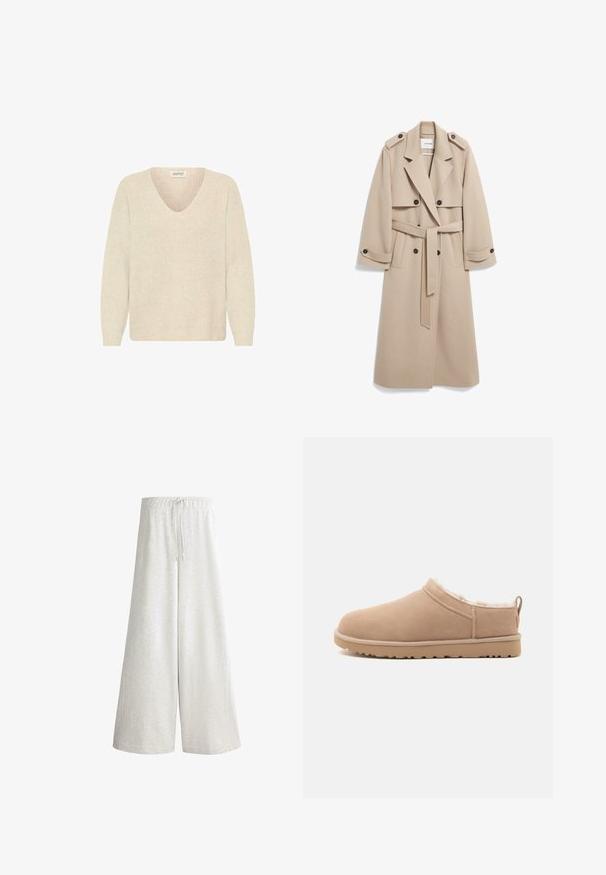 Beige wollen trenchcoat met dubbelrijgsluiting, schouderstukken, brede revers en een bijpassende riem. Gladde textuur en ontwerp tot op de knie.; Crème-kleurige trui met een V-hals, ribbelstructuur en lange mouwen. Eenvoudig ontwerp, ongeversierd zonder zichtbare patronen of hardware.; Lichtgrijze broek met wijde pijpen, elastische tailleband en trekkoord, gemaakt van zacht stof geschikt voor casual draagcomfort.; Beige instap pantoffel met zachte suède buitenzijde, pluche witte bontvoering en rubberen zool met profiel, getoond in zijaanzicht.