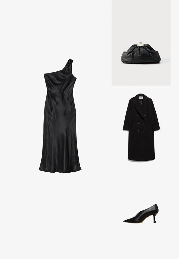 IVY OAK IOCLEMENCE - Abrigo clásico - black; Vestido negro de satén con un solo hombro, cuerpo ajustado y falda evaseada, que presenta costuras diagonales y una textura suave en todo el tejido.; Zapato de tacón alto de cuero negro con punta afilada y un tacón delgado y curvado. Presenta una textura suave y un diseño minimalista.; Bolso de mano de cuero negro con textura recogida, cierre de broche metálico y logo en relieve sutil en el frente. Forma redondeada.