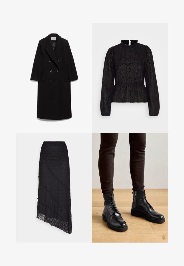 IVY OAK IOCLEMENCE - Klasický kabát - black; Pieces PCJANESSA - Top s dlhým rukávom - black; ONLY ONLKIM SLIT - Maxisukňa - black; Čierne kožené členkové topánky s brogue detailmi, s viazaním vpredu, bočnými zipsami a štruktúrovanými gumovými podrážkami. Kombinované s tmavými úzkymi nohavicami.