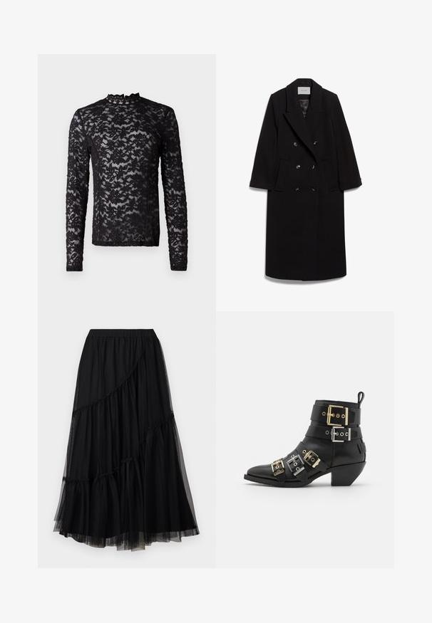 IVY OAK IOCLEMENCE - Abrigo clásico - black; Top largo negro de manga larga de encaje transparente con estampado floral y un cuello alto con un pequeño volante.; TWINSET SKIRT - Falda acampanada - nero; Botín negro de cuero hasta el tobillo con punta afilada, con múltiples correas adornadas con hebillas doradas y plateadas. Diseño de tacón cuadrado.