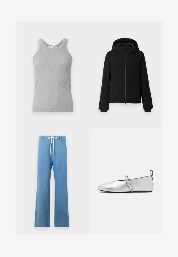 Sort vandtæt jakke med aftagelig hætte, fuld lynlås, justerbar snor og lange ærmer med tommelhuller. Glat tekstur.; Grå ribbet tanktop med rund halsudskæring og brede skulderstropper. Stoffet har en blød tekstur og en tætsiddende silhuet.; Lyseblå denimbukser med vide ben, forlommer og en hvid snøre i taljen.; rag & bone SPIRE MARY JANE - Ballerinasko m/ rem - silver
