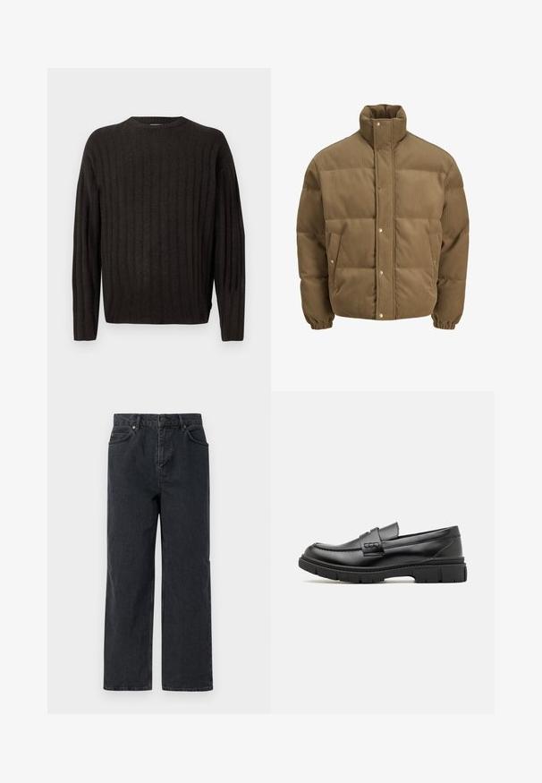Veste matelassée en corduroy marron avec col haut, boutons pression, poignets élastiques et poches latérales, présentée sur un fond blanc.; Pull en tricot gris foncé avec col rond, présentant une texture côtelée verticale et des manches longues, offrant une coupe décontractée.; Pantalons en denim bleu foncé à jambe large, avec un design à cinq poches et une fermeture à bouton. Comprend des accessoires en ton cuivre et une texture subtile.; Mocassin en cuir noir avec une large sangle sur le devant, semelle en caoutchouc à épaisse rainure, et texture lisse. Design classique et élégant.