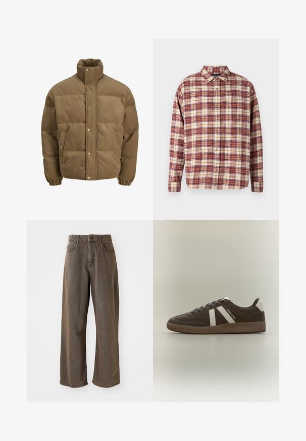 Braune Cord-Puffjacke mit hohem Kragen, Druckknöpfen, elastischen Bündchen und Seitentaschen, auf einem weißen Hintergrund präsentiert.; Karierter Button-down-Hemd aus rotem, gelbem und weißem Stoff. Verfügt über einen klassischen Kragen und lange Ärmel mit Knopfverschluss.; Weite, braune Denim-Hose mit Knopfverschluss, Gürtelschlaufen und Taschen vorne. Der Stoff hat eine leicht ausgebleichte Textur.; Brauner Wildleder-Sneaker mit weißen Streifen, weißem Fersen-Patch, Gummisohle und dem Text "JACK & JONES" an der Seite, im Profil auf einfarbigem Hintergrund gezeigt.