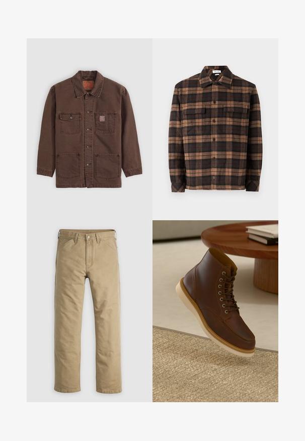 Braune Hemdjacke mit vier Fronttaschen, zwei Brusttaschen, davon eine mit einem kleinen roten Levi's-Label, und einem klassischen Kragen.; Braun- und schwarzkariertes Flanellhemd mit Knopfleiste, zwei Brusttaschen und einem Kragen. Weiche Textur und lockere Passform.; Khakifarbene Baumwollhose mit geradem Bein, Vordertaschen und Knopfverschluss. Glatte Textur und verstärkte Nähte für Langlebigkeit.; Braune Leder-Ankle-Boots mit beiger Sohle auf einem strukturierten beigen Teppich neben einem runden Holztisch mit gestapelten Büchern.