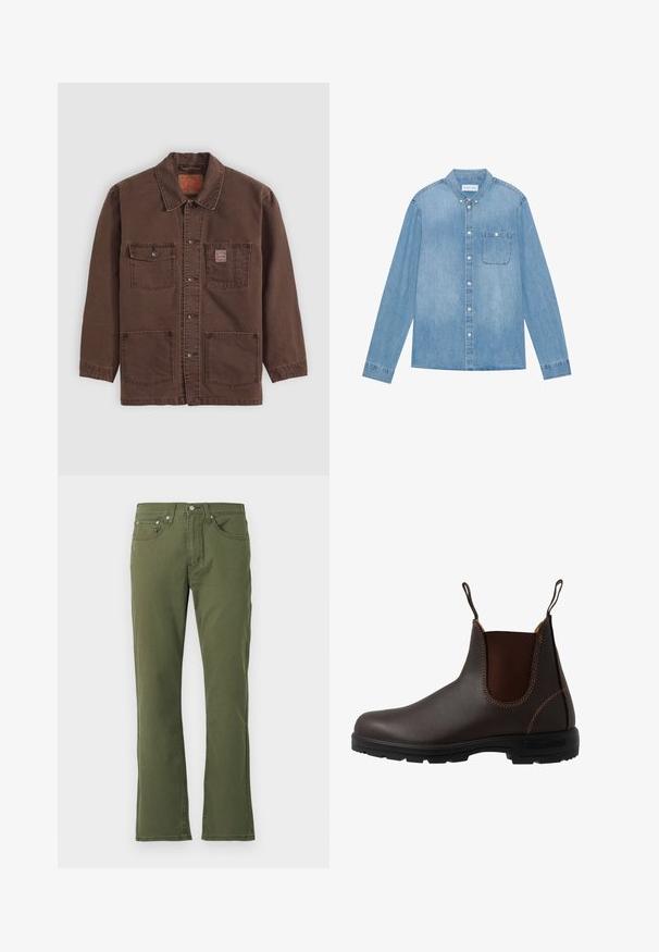 Veste marron à boutons avec quatre poches frontales, deux poches poitrine dont une avec une petite étiquette rouge Levi's, et un col classique.; Chemise en denim bleu clair à boutons, manches longues, col pointu, poche poitrine unique et décoloration subtile sur le tissu.; Jean évasé vert olive en coton avec une texture lisse ; comporte cinq poches, une fermeture à bouton et des détails de couture subtils.; Botte Chelsea en cuir marron avec panneau latéral élastique, coutures marron, languettes de tirage, et une semelle en caoutchouc durable avec un motif texturé.