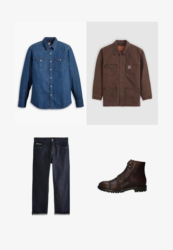Braune Hemdjacke mit vier Fronttaschen, zwei Brusttaschen, davon eine mit einem kleinen roten Levi's-Label, und einem klassischen Kragen.; Dunkelblaue Jeanshemd mit langen Ärmeln, spitzem Kragen und Druckknöpfen. Verfügt über zwei Brusttaschen mit Klappen und kontrastierenden Nähten.; Dunkelblaue Jeans aus Denim mit klassischem geradem Schnitt, fünf Taschen, Knopfverschluss und umgeschlagenen Bündchen, die eine hellblaue Innenseite zeigen.; Dunkelbraune Leder Schnürstiefelette mit robustem Gummisohlen und Metallösen, von der Außenseite betrachtet.