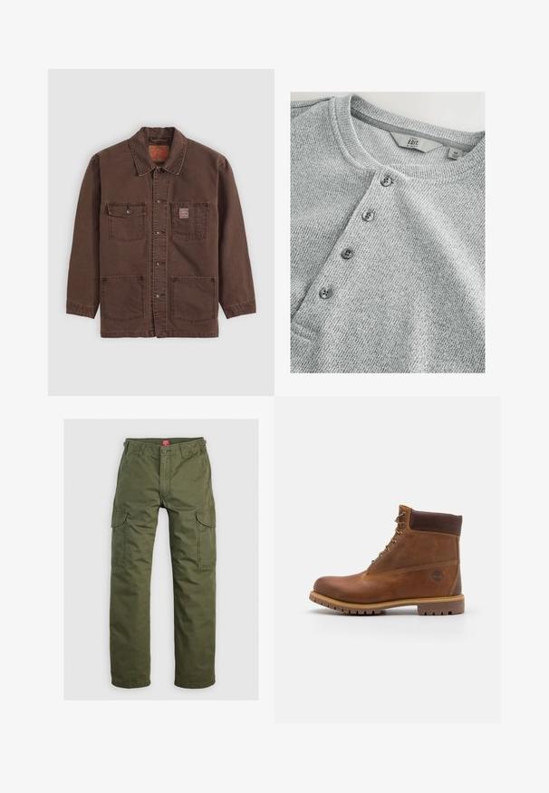 Braune Hemdjacke mit vier Fronttaschen, zwei Brusttaschen, davon eine mit einem kleinen roten Levi's-Label, und einem klassischen Kragen.; Graues, gestricktes Langarmshirt mit Rundhalsausschnitt, fünf Knöpfen, gerippter Textur und schlankem Schnitt. Das Etikett zeigt Größe M an.; Olivgrüne Cargo-Hosen aus strapazierfähigem Material, mit Seitentaschen, Knopfverschluss und geradem Bein.; Braune Lederwanderschuhe mit glatter Oberfläche, gepolstertem Knöchel, Metallösen und einer Gummisohle mit robustem Profil.