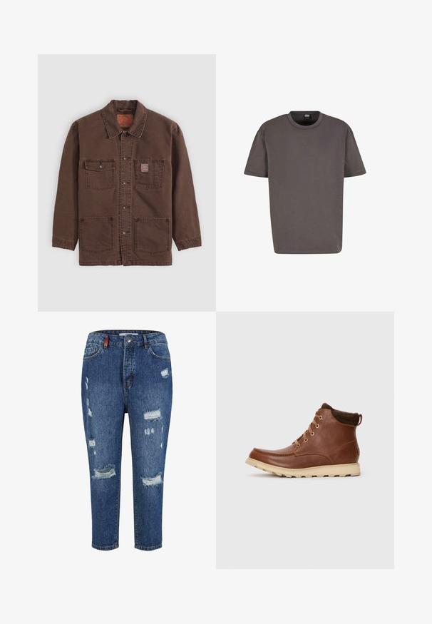 Hnedá bundová sako s štyrmi prednými vreckami, dvoma vreckami na hrudi, vrátane jedného s malou červenou nášivkou Levi's, a klasickým golierom.; Urban Classics CUFF TEE - Základné tričko - magnet; Modré rifľové nohavice s ošúchanými miestami, vrátane veľkých roztrhnutí a strapcovitých okrajov. Majú klasický design s piatimi vreckami a zapínanie na gombík.; Hnedé kožené členkové topánky so šnurovaním a béžovou podrážkou, navrhnuté na nepremokavé nosenie.