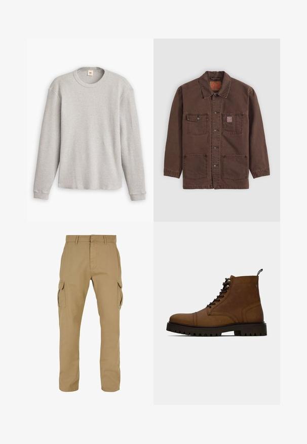 Veste marron à boutons avec quatre poches frontales, deux poches poitrine dont une avec une petite étiquette rouge Levi's, et un col classique.; Pull en maille gris à manches longues avec une texture côtelée, encolure ronde et ourlet droit. Les poignets sont ajustés et fabriqués en tissu doux.; Pantalons cargo beiges avec deux poches latérales, conception à jambe droite, fabriqués en tissu durable, avec des détails de couture et des passants de ceinture.; Botte de cheville en cuir marron à lacets avec semelle crantée noire épaisse et languette, sur fond blanc.