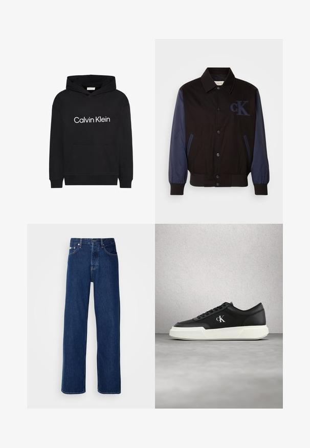Zwarte jas met marineblauwe mouwen, knoopsluiting en geborduurd "cK"-logo. Heeft een kraag en elastische manchetten voor een strakke pasvorm.; Zwarte hoodie met voorzak en wit "Calvin Klein"-logo gecentreerd op de borst, met capuchon met trekkoord en lange mouwen.; Donkerblauwe denim jeans met een wijdbeen ontwerp, voorzien van een knoopsluiting en klassieke vijf-pocket styling. De stof heeft een gladde textuur.; Zwarte leren sneaker met witte zool en "cK"-logo, zwevend in de lucht tegen een achtergrond van een glazen blokmuur en betonnen vloer.