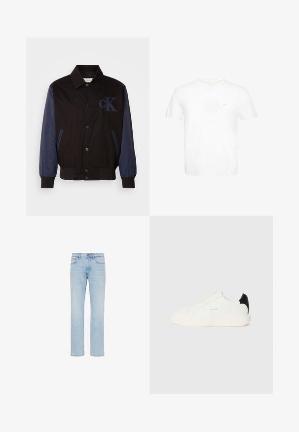 Schwarze Jacke mit marineblauen Ärmeln, Knopfverschluss und gesticktem "cK"-Logo. Verfügt über einen Kragen und elastische Bündchen für eine taillierte Passform.; Weißes T-Shirt mit kurzen Ärmeln und Rundhalsausschnitt mit kleinem gesticktem "ck" Logo auf der linken Brust.; Hellblaue Straight-Leg-Jeans aus Denim mit vorderem Knopf, Reißverschluss und Fünf-Taschen-Design, gezeigt auf weißem Hintergrund.; Weiße Ledersneaker mit einem schwarzen Akzent an der Ferse, runden Zehen, flachen Schnürsenkeln und einer dicken weißen Sohle. Calvin Klein Logo angebracht.