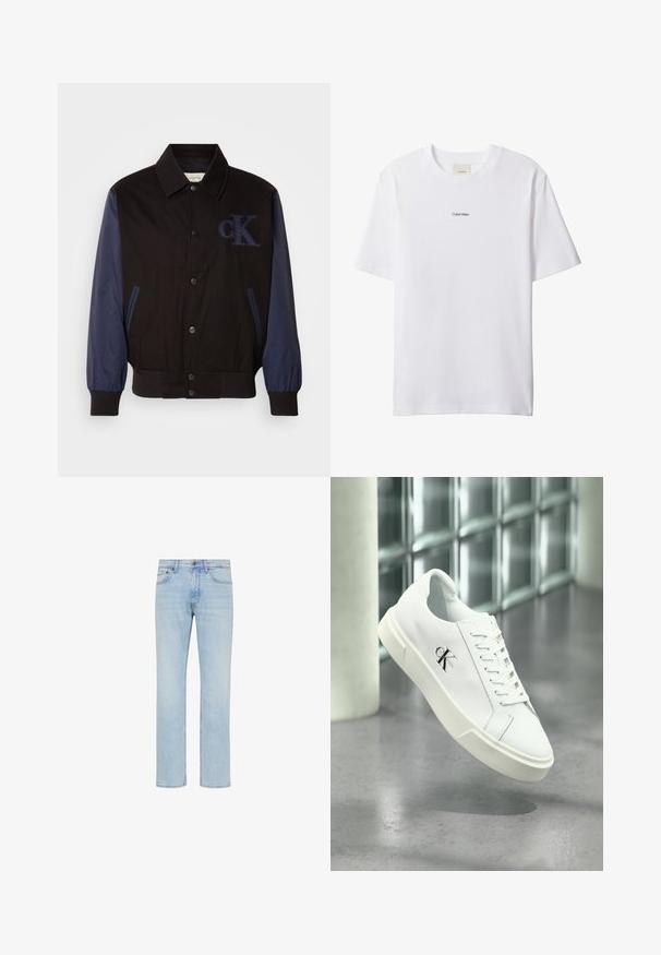 Schwarze Jacke mit marineblauen Ärmeln, Knopfverschluss und gesticktem "cK"-Logo. Verfügt über einen Kragen und elastische Bündchen für eine taillierte Passform.; Weißes Baumwoll-T-Shirt mit Rundhalsausschnitt und kurzen Ärmeln. Auf der Brust zentriert befindet sich ein kleines schwarzes "Calvin Klein"-Logo.; Hellblaue Straight-Leg-Jeans aus Denim mit vorderem Knopf, Reißverschluss und Fünf-Taschen-Design, gezeigt auf weißem Hintergrund.; Weißer Calvin Klein Sneaker mit Schnürsenkeln, schwebend über einem polierten Betonboden und einer Glasbausteinwand im Hintergrund dargestellt.