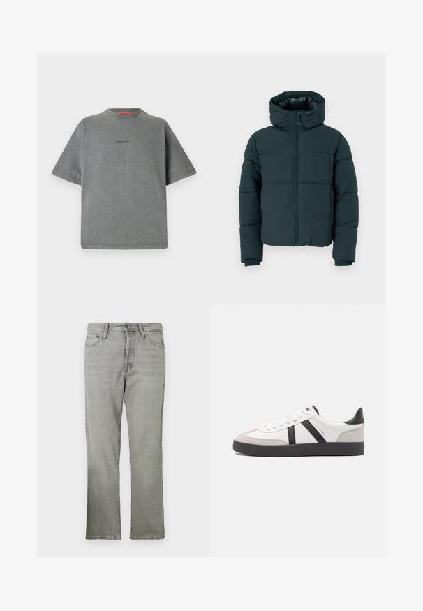 Dunkelgrüne Steppjacke mit Kapuze, seitlichem Reißverschluss, gesteppten Paneelen und gerippten Bündchen. Glatte Oberfläche und gepolsterte Textur.; Replay Inc. T-Shirt basic - stoned grey; Hellgraue Denim-Jeans mit geradem Schnitt, ausgestattet mit einer fünf Taschen-Stil, einem Frontreißverschluss und subtiler verblichener Textur.; Weiße Sneaker mit schwarz- und grau-aczenten, ausgestattet mit einer strukturierten grauen Zehenkappe, schwarzer Gummi-Sohle und flachen weißen Schnürsenkeln. Sauberes Design, minimalistische Stil.