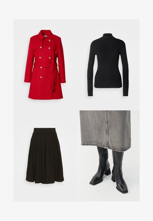 Manteau en laine rouge avec un devant croisé, boutons dorés, grand col et une ceinture assortie. Présente une surface texturée et des poches latérales.; Pull à col roulé noir en maille légère. Il possède des manches longues, une coupe ajustée et une texture côtelée douce.; Jupe plissée noire avec une large ceinture élastique. Fabriquée dans un tissu doux, elle présente un ourlet à mi-genoux et une texture lisse.; Bottes noires montantes en cuir lisse avec un bout carré et un talon bloc. Portées avec une jupe en denim grise à l'ourlet effiloché.