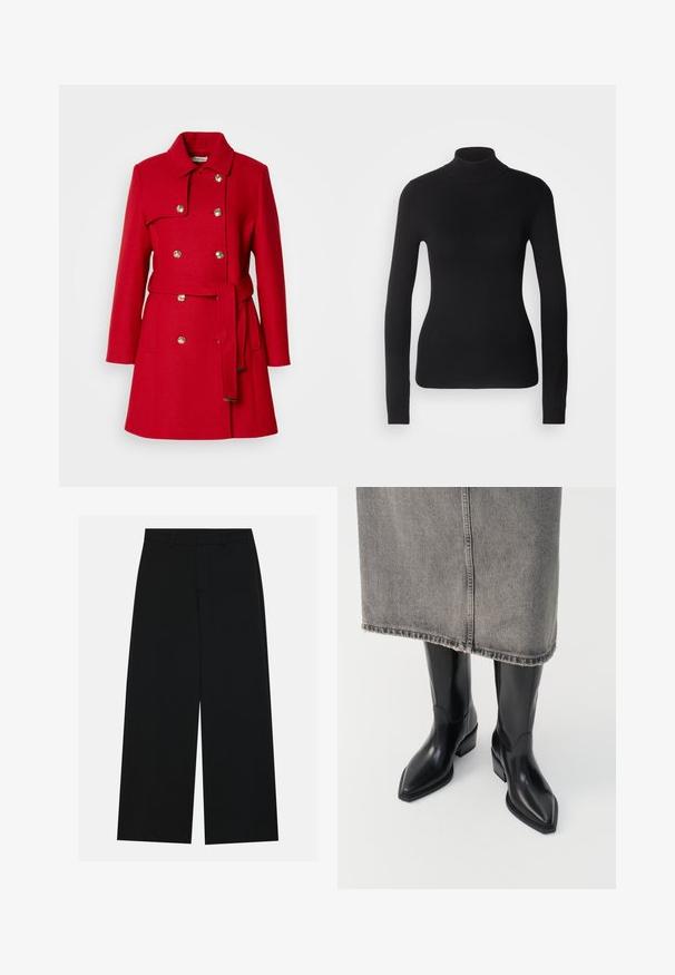Rød uldfrakke med dobbeltradet front, guldbukser, stor krave og et matchende bælte. Har en struktureret overflade og sidelommer.; Sort turtleneck sweater lavet af let strikket stof. Har lange ærmer, et tætsiddende design og en blød ribbet tekstur.; Breddebenede sorte bukser lavet af et glat stof. Har en flad talje med bæltestropper og ingen synlige lommer. Simpelt design.; Sorte læder cowboy støvler med spids tå og kraftig hæl, der har en glat finish og slankt design, parret med en grå nederdel.