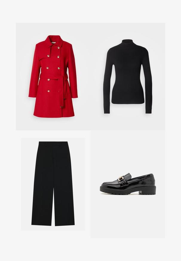 Rød uldfrakke med dobbeltradet front, guldbukser, stor krave og et matchende bælte. Har en struktureret overflade og sidelommer.; Sort turtleneck sweater lavet af let strikket stof. Har lange ærmer, et tætsiddende design og en blød ribbet tekstur.; Breddebenede sorte bukser lavet af et glat stof. Har en flad talje med bæltestropper og ingen synlige lommer. Simpelt design.; Sorte lakerede loafers med en lav blokhæl, der har en fremtrædende gullignende spænde og en struktureret, rillede sål.