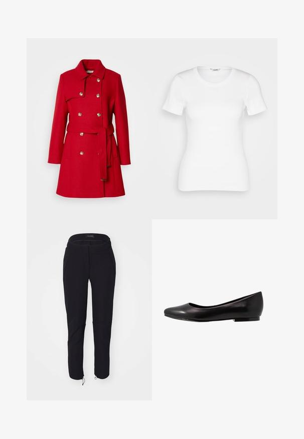 Manteau en laine rouge avec un devant croisé, boutons dorés, grand col et une ceinture assortie. Présente une surface texturée et des poches latérales.; T-shirt en coton blanc avec des manches courtes, un col rond et une texture côtelée. Design ajusté avec une finition lisse et nette.; Pantalon noir avec une texture lisse, présentant un design ajusté, une taille élastique, deux poches et des poignets ajustables avec cordons de serrage.; Ballerine noire en cuir verni avec un bout arrondi et une semelle basse et plate. Sa texture est lisse avec un design simple et épuré.