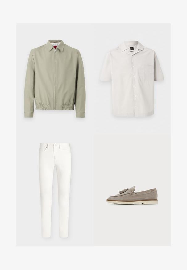 Veste beige clair zippée avec col, ourlet élastiqué et manches longues, présentée sur un fond clair uni.; Chemise gris clair à manches courtes avec boutons, poche poitrine et col plié, marquée "BOSS" sur la poche et l'étiquette du col.; Jean slim blanc avec poches avant et arrière, fermeture par boutons et passants de ceinture, présenté sur un fond uni.; Mocassin homme en daim marron clair avec détail pompon et semelle en caoutchouc crème, vue de côté sur fond uni.