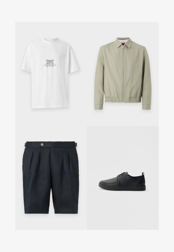 Lichtbeige jas met rits, kraag, elastische zoom en lange mouwen, getoond op een effen lichte achtergrond.; Witte katoenen t-shirt met een ronde hals, korte mouwen en een zwart bloemenprintontwerp met "HUGO" in het midden.; Zwarte, op maat gemaakte shorts met plooien aan de voorkant, een knoopsluiting en verstelbare zijgespen op een effen achtergrond.; Zwarte leren sneaker met een gladde afwerking, ronde neus, tonale stiknaden, vetersluiting aan de voorkant en een vlakke rubberen zool. Lussje aan de hak.
