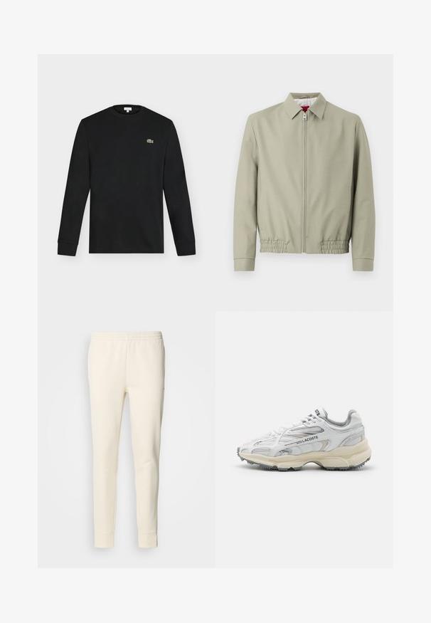 Lyse beige lynlåsjakke med krave, elastisk kant og lange ærmer, vist på en ensfarvet lys baggrund.; Sort langærmet crew neck skjorte med lille grønt krokodillelogo på venstre bryst, vist mod en ensartet lys baggrund.; Cremfarvet sweatpants lavet af blødt stof, der har elastoisk talje, tætsiddende ben og manchetter ved anklerne. Enkel design uden mønstre.; Hvide sportssko med grå detaljer, overdel i mesh og syntetiske materialer, snørebåndsdesign og tekstureret gummisål med grebemønstre.