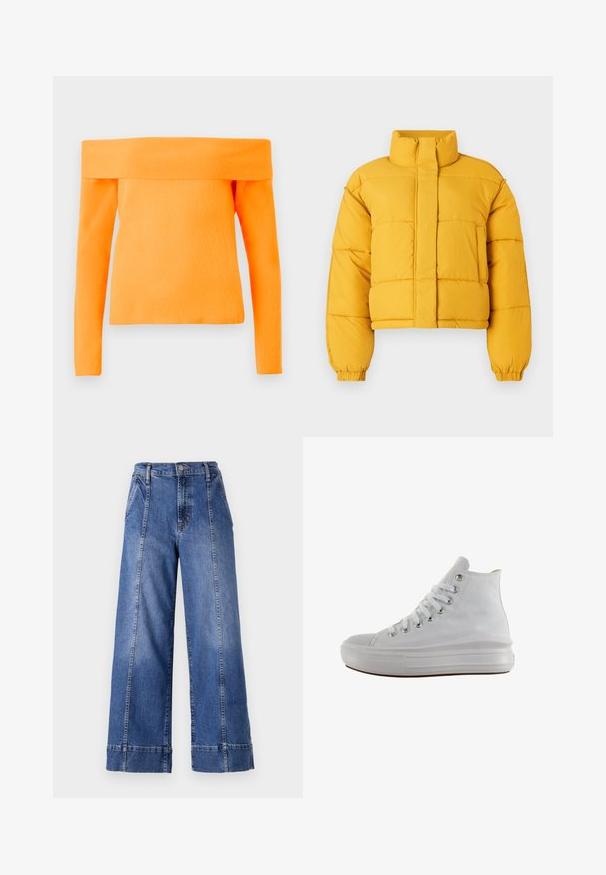 Gul cropped pufferjakke med høj krave, der har en frontlukning og elastiske manchetter. Stoffet virker glat med quiltede sektioner.; Orange off-shoulder ribbet striktrøje med lange ærmer og bredt foldet halsudskæring.; Bredbenede blå denimbukser med høj talje, der har en knaplukning, forlommer og synlig stikning langs sidesømmene.; Hvid højt canvas sneaksko med hvide snørebånd, metaløjer, tyk gummisål og tekstureret tåhætte, vendt mod venstre på en hvid baggrund.