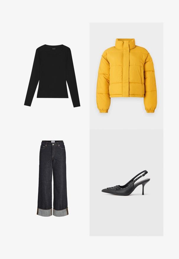 Veste courte en duvet jaune avec un col haut, présentant une fermeture à l'avant et des poignets élastiques. Le tissu semble lisse avec des sections matelassées.; T-shirt noir à manches longues en maille côtelée avec un col rond et une silhouette ajustée. Le tissu a une texture lisse et une qualité extensible.; Jean large bleu foncé avec ourlets retroussés, cinq poches et surpiqûres contrastantes jaunes.; Escarpin en cuir noir à talon aiguille avec un bout pointu, une bride latérale à boucle, des clous le long du bord et un laçage décoratif à l'avant.