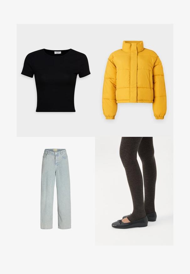 Geel gecropte pufferjack met een hoge kraag, voorzien van een sluiting aan de voorkant en elastische manchetten. De stof lijkt glad met gestikte secties.; Zwarte korte mouwen t-shirt van gladde katoenstof, met een ronde hals en een getailleerd ontwerp. Minimalistisch zonder zichtbare patronen.; Lichtblauwe denim wide-leg jeans met een hoge taille, voorzakken en een knoopsluiting. De stof heeft een zachte, licht gestructureerde uitstraling.; Benen met donkere geribbelde leggings gecombineerd met zwarte ballerina's met kleine strikdetails op een witte achtergrond.