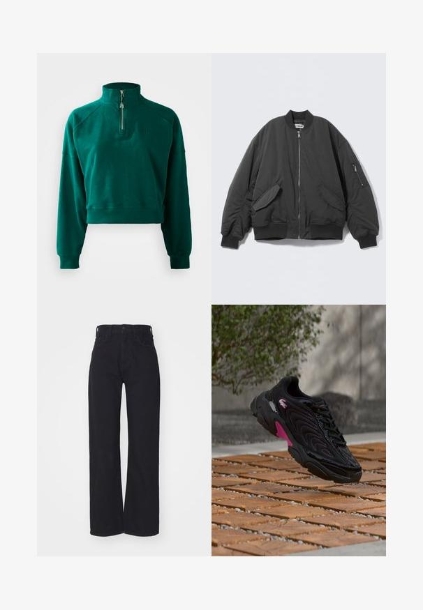 Zwarte bomberjack met ritssluiting aan de voorkant, twee klepzakken, geribbelde boorden en zoom, en een zak met rits op de linkermouw.; Korte sweatshirt in donkergroen, met een halve ritssluiting, geribbelde manchetten en een zachte textuur. Geborduurd logo op de borst.; Zwarte hoge taille wijdlopende jeans met een sluiting aan de voorkant met knoop en rits, ceintuurlussen en twee voorzakken op een witte achtergrond.; Zwarte en roze sneaker met golfpatroon en logo, hangend boven een houten en kiezelstenen buitenoppervlak met een vage achtergrond van groen en een muur.