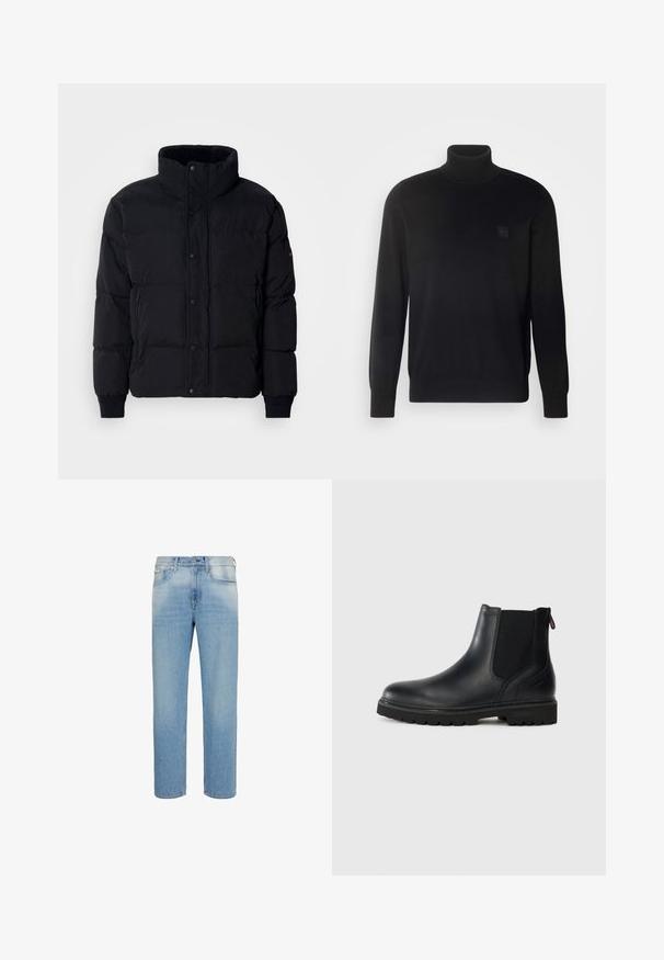 Sort puffjakke med høj krave, trykknaplukning foran, lynlåslommer i siderne og ribbede manchetter. Blødt, tekstureret stof med kviltet design.; Sort rullekravestrik med lange ærmer, ribbet krave og manchetter, lavet af et glat stof. Har et lille logo mærke på brystet.; Lyseblå jeans med lige ben, forlommer, bæltestropper og knaplukning, vist mod en hvid baggrund.; Sorte læder ankelstøvler med elastiske sidepaneler, rund tå og en robust gummisål med dybe riller for bedre greb.