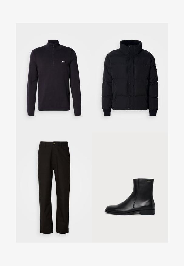 Sort puffjakke med høj krave, trykknaplukning foran, lynlåslommer i siderne og ribbede manchetter. Blødt, tekstureret stof med kviltet design.; Marineblå quarter-zip sweater fremstillet af blødt stof, med ribbet krave og manchetter, samt et lille hvidt "BOSS" logo på brystet.; Sorte bomuldsbukser med lige pasform, bæltestropper, lynlås foran og en enkelt knappelukning. Glat tekstur uden synlige mønstre.; Sort læderankelstøvle med lav hæl, sidesyning og lille "HUGO" logo på den øverste manchet mod en ensfarvet baggrund.