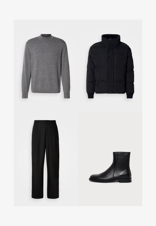 Chaqueta acolchada negra con un alto cuello, frente con botones a presión, bolsillos laterales con cremallera y puños acanalados. Tejido suave y texturizado con un diseño acolchado.; Suéter gris de manga larga hecho de material de punto, con cuello alto y un logo sutil en el pecho. Textura suave y diseño ajustado.; Pantalones negros con corte recto, textura suave, pliegues frontales y cintura estándar. Diseño minimalista sin patrones adicionales.; Botín negro de cuero con tacón bajo, costura lateral y pequeño logo "HUGO" en el puño superior sobre un fondo liso.