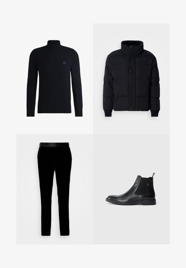 Chaqueta acolchada negra con un alto cuello, frente con botones a presión, bolsillos laterales con cremallera y puños acanalados. Tejido suave y texturizado con un diseño acolchado.; Suéter de cuello alto en azul marino, confeccionado en suave material de punto, con mangas largas y cuello acanalado. Incluye un parche de logo cuadrado en el pecho.; Pantalones de terciopelo negro con un ajuste entallado, textura suave y cinturilla a juego. Cuentan con perneras rectas y bolsillos laterales.; Botines Chelsea de cuero negro con paneles elásticos laterales, una pestaña para tirar y una suela de goma plana. Textura suave con un detalle mínimo.