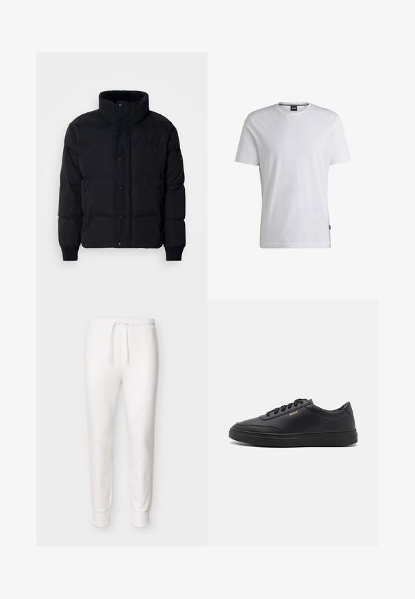 Veste en duvet noire avec col montant, fermeture à boutons-pression sur le devant, poches latérales zippées et poignets côtelés. Tissu doux et texturé avec un design matelassé.; T-shirt blanc à manches courtes en coton. Doté d'un col rond et d'une étiquette de marque subtile sur le côté. Texture lisse et design simple.; Pantalon jogger blanc à coupe slim avec taille élastique et cordon de serrage, poignets côtelés aux chevilles, présenté sur un fond uni.; Baskets en cuir noir avec une texture lisse, bout rond, semelle en caoutchouc plate et lacets ton sur ton. Présente une marque "BOSS" dorée sur le côté.