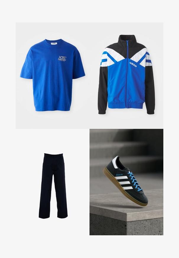 Chaqueta cortavientos azul y negra con patrón de chevron blanco y azul, cierre de cremallera, puños elásticos y bolsillos laterales. Logo de Adidas exhibido.; Camiseta de algodón azul con mangas cortas, con un logo gris en la parte superior izquierda del pecho, escote redondo y un corte relajado.; Pantalones oscuros de navy con un diseño de pierna recta, confeccionados con una tela suave, que cuentan con bolsillos laterales y una cintura clásica.; Zapatilla negra Adidas con franjas blancas, cordones azules y suela de goma flotando sobre un escalón de hormigón gris con luz suave.
