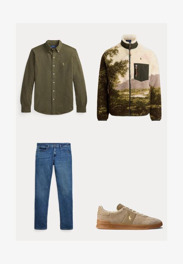 Fleece-Zipjacke mit grünem, beigem und braunem Camouflage-Muster, hohem Kragen und Brusttasche mit Reißverschluss sowie Polo Ralph Lauren Logo.; Langärmeliges olivgrünes Hemd mit Kragen und kleinem besticktem Logo auf der linken Brust.; Blaue Jeans aus Denim mit schmalem Schnitt, ausgestattet mit vorderen Taschen, Gürtelschlaufen und einem Knopfverschluss vor weißem Hintergrund.; Beiger Wildleder- und Leder-Low-Top-Sneaker mit Gummisohle, weißen Schnürsenkeln und Polo-Logo an der Seite und an der Sohle.