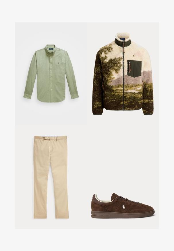 Fliist kuni-lukuga jakk rohelise, beeži ja pruuni kamuflaažmustriga, kõrge kraega ning lukuga rinnataskuga, millel on Polo Ralph Laureni logo.; Hele roheline pika varrukaga nööpidega särk, millel on terav krae, rinnal väike tikitud logo ja pärline nööp.; Beeži sirgete säärega püksid vööaasade ja ees oleva tõmblukuga, laotatud tasaselt valgele taustale.; Pruun seemis madalam tennisejalanõu tumepruuni tallaga, paeltega ja valge heegeldatud Polo logoga küljel.