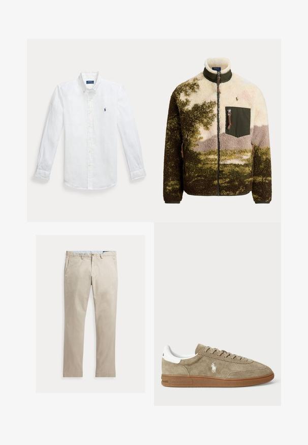 Fliist kuni-lukuga jakk rohelise, beeži ja pruuni kamuflaažmustriga, kõrge kraega ning lukuga rinnataskuga, millel on Polo Ralph Laureni logo.; Valge linane pikkade varrukatega nööpidega särk, millel on terav krae ja vasakul rinnal sinine tikandiga logo. Omab nööpkäeotsasid.; Beežid sirgete säärega puuvillased püksid ees taskute, vööaasade, nööbi- ja tõmblukuga, laotatud valgel taustal.; Tammepunased sneakers, millel on valged aktsendid, ümmargune varvas ja nööridega disain. Omab rikka logot ja kummi tallat, mis tagavad hea haarde.