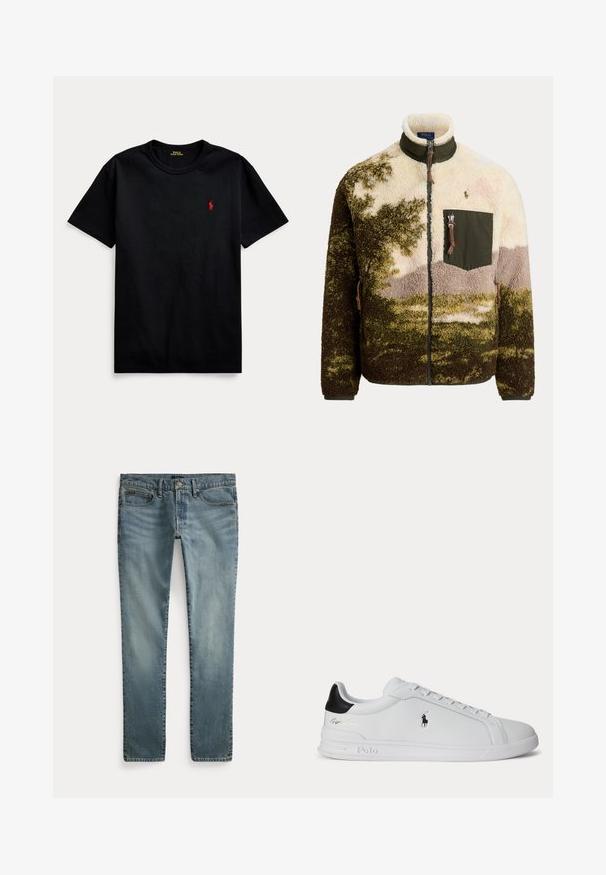 Fleece-Zipjacke mit grünem, beigem und braunem Camouflage-Muster, hohem Kragen und Brusttasche mit Reißverschluss sowie Polo Ralph Lauren Logo.; Schwarzes Baumwoll-T-Shirt mit kurzen Ärmeln, Rundhalsausschnitt und kleinem roten gestickten Logo auf der linken Brust. Glatte Textur, lässiges Design.; Blaue Jeans mit geradem Bein, vorderen Taschen, Gürtelschlaufen und Knopfverschluss.; Weißer Sneaker mit niedrigem Schaft, schwarzem Fersenlasche, Schnürsenkeln und Polo Ralph Lauren Logo an der Seite, mit geprägten Sohlen-Details.