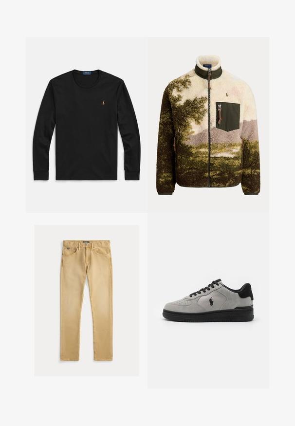 Fleecová bunda na zips so zeleným, béžovým a hnedým maskáčovým vzorom, vysokým golierom a náprsné vrecko so zipsom a logom Polo Ralph Lauren.; Čierne dlhé tričko s dlhým rukávom vyrobené z mäkkej bavlny, so zaobleným výstrihom a malým vyšívaným logom na hrudi s farebnými akcentmi.; Béžové bavlnené džínsy so slim fit strihom, päť vreciek a viditeľným šitím. Obsahujú kovový gombík a označenie na páse.; Sivé semišové tenisky s čiernymi akcentami, s textúrovanou bočnou panelou, okrúhlou špičkou a čiernou gumovou podrážkou. Vyšívané logo na boku.
