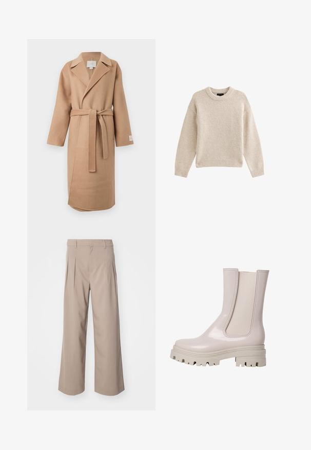 Beige uldblandede indpakningsfrakke med en klippet krave, lange ærmer og et matchende bælte. Har et sideslids og et mærke på ærmet.; Beige strikket sweater med rund hals, lange ærmer og ribbet kant. Tekstureret stof med en blød udseende. Enkel og alsidig design.; Beige brede bukser med læg, lavet af glat stof. Har en mellemhøj talje og en ren, skræddersyet silhuet.; Lys rosa glansende ankelstøvle med elastiske sidepaneler, robust grå gummisål og tekstureret mønster for bedre greb. Slank, minimalistisk design.