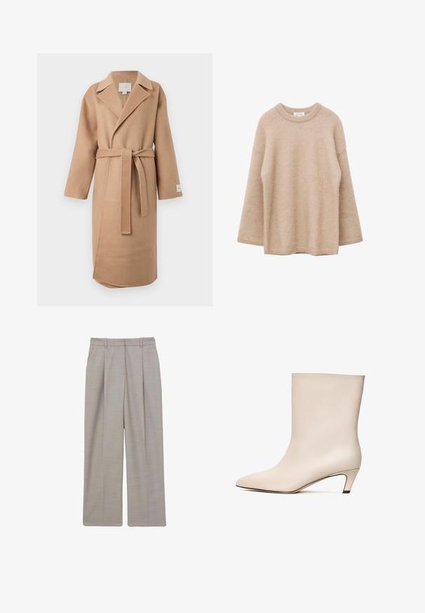 Beige wollen mix wikkeljas met een geknipte kraag, lange mouwen en een bijpassende riem. Bevat een zijslit en een merklabel op de mouw.; Beige trui met lange mouwen, ronde hals, zachte, pluizige textuur en een losse pasvorm, weergegeven tegen een witte achtergrond.; Lichtgrijze, wijde broek met geplooide voorkant, gemaakt van een gestructureerde stof. Voorzien van ceintuurlussen en zijzakken, op maat gemaakt ontwerp.; Beige leren enkelboot met een pointed toe en een conische hak. Gladde textuur met minimale stiknaden en een slanke silhouet.