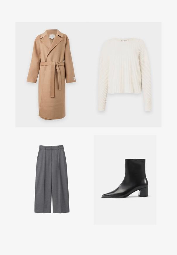 Beige uldblandede indpakningsfrakke med en klippet krave, lange ærmer og et matchende bælte. Har et sideslids og et mærke på ærmet.; CLOSED CREW NECK - Striktrøje - ecru; Grå bredbenede bukser lavet af glat stof, med høj talje, læg, knaplukning og sidelommer. Minimalistisk design.; Sort læder ankelstøvle med spidse tæer, glat tekstur og mellemhøj blokhæl. Minimalistisk design, lynlås lukning bagpå.