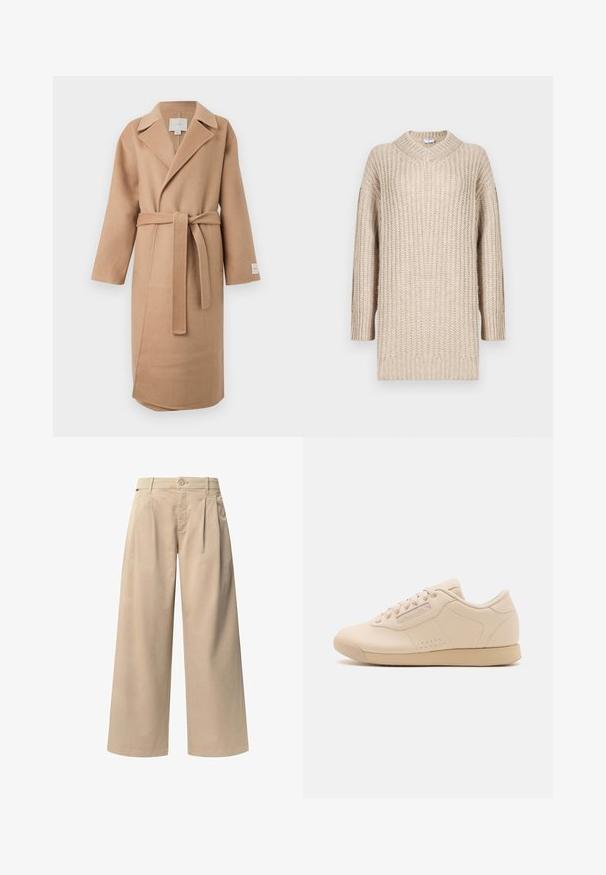 Beige wollen mix wikkeljas met een geknipte kraag, lange mouwen en een bijpassende riem. Bevat een zijslit en een merklabel op de mouw.; Beige gebreide trui met een V-hals, lange mouwen en een ribbelstructuur. Losse pasvorm met een rechte snit, die de gezellige stijl en het comfort benadrukt.; Beige wijde broek met twee voorplooien, een knoopsluiting en een gladde textuur. Ontworpen voor comfort en een losse pasvorm.; Beige leren sneakers met een ronde neus, een platte rubberen zool, zes vetergaatjes en subtiele perforaties aan de zijkanten. Eenvoudig, gestroomlijnd ontwerp.