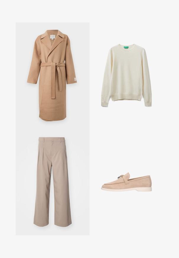 Abrigo envolvente de mezcla de lana beige con cuello de muesca, mangas largas y un cinturón a juego. Presenta una abertura lateral y una etiqueta de marca en la manga.; Jersey color crema hecho de tela suave, con cuello redondo, mangas largas y puños y dobladillo acanalados. Diseño simple y minimalista.; Pantalones beige de pierna ancha con plisados, hechos de una tela suave. Presentan una cintura de altura media y una silueta limpia y ajustada.; Mocasín beige de ante sin cordones con suela blanca, detalle de hebilla metálica en la parte superior y "Melvin & Hamilton" grabado en el lateral.