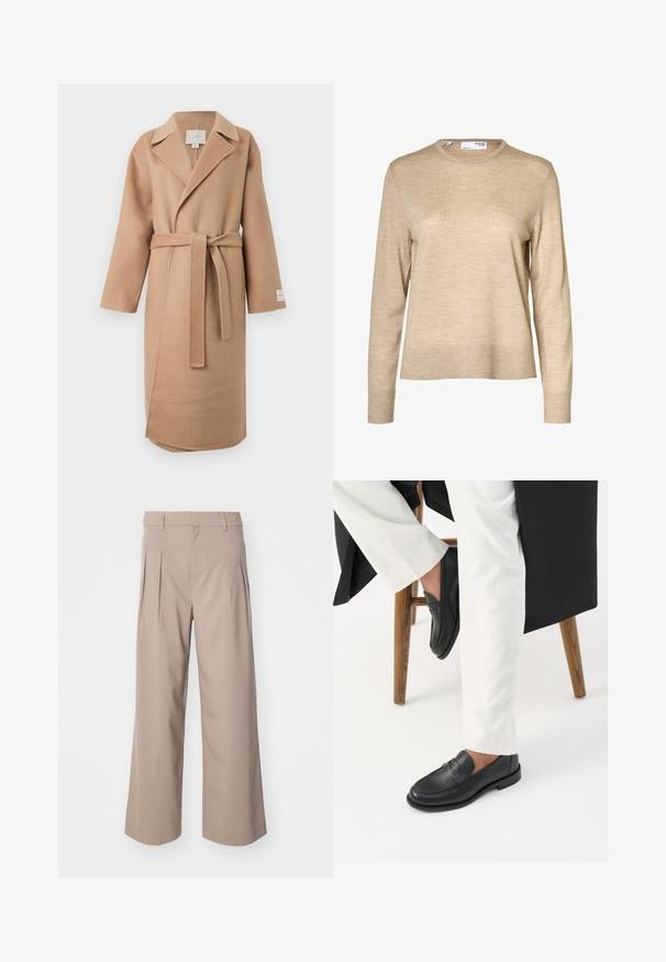 Beige uldblandede indpakningsfrakke med en klippet krave, lange ærmer og et matchende bælte. Har et sideslids og et mærke på ærmet.; Beige langærmet uldsweater med rund hals og ribstrikkede manchetter og kant, vist mod en hvid baggrund.; Beige brede bukser med læg, lavet af glat stof. Har en mellemhøj talje og en ren, skræddersyet silhuet.; Person iført sorte læder loafers og hvide bukser, siddende på en træskammel mod en hvid baggrund.