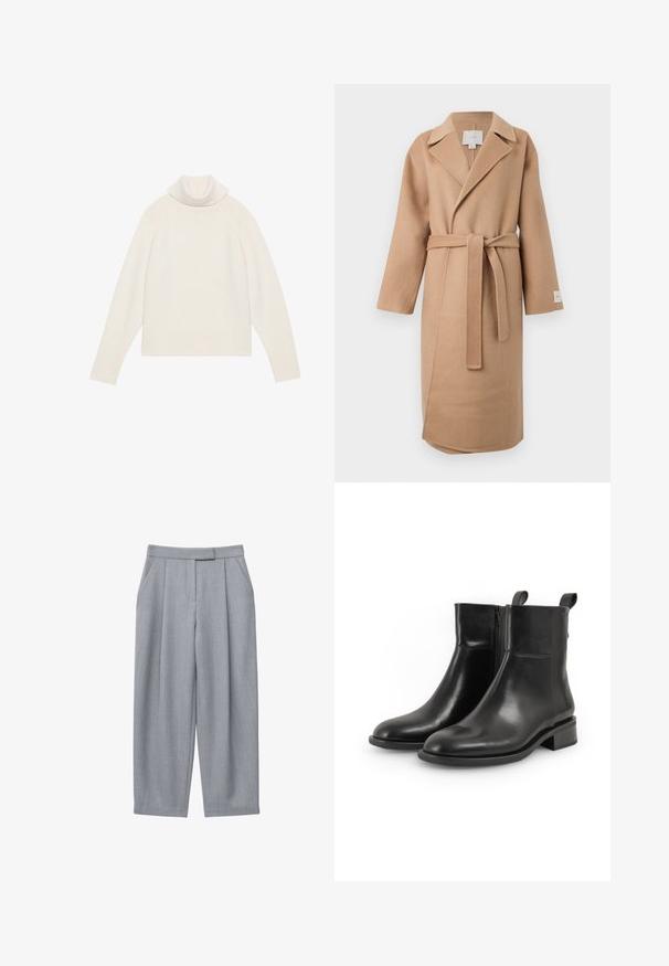 Beige uldblandede indpakningsfrakke med en klippet krave, lange ærmer og et matchende bælte. Har et sideslids og et mærke på ærmet.; Lyscreme turtleneck sweater med ribbet tekstur, raglanærmer og tætsiddende kant. Blødt materiale og afslappet silhuet.; Grå bukser med skræddersyet design, der har plisseringer, sidelommer og med lige ben. Glat tekstur og midtalje med normal højde.; Par sorte læderankelstøvler med sidelommer, runde tæer, lave blokhæle og træktabs bagpå, vist på en hvid baggrund.