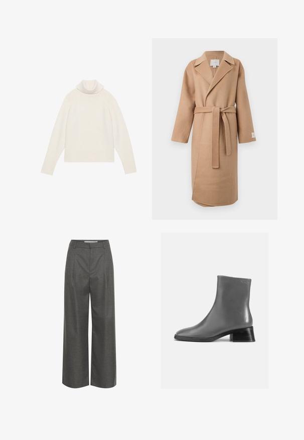 Beige uldblandede indpakningsfrakke med en klippet krave, lange ærmer og et matchende bælte. Har et sideslids og et mærke på ærmet.; Lyscreme turtleneck sweater med ribbet tekstur, raglanærmer og tætsiddende kant. Blødt materiale og afslappet silhuet.; Grå brede bukser lavet af struktureret stof, med høj talje og frontfolder, uden synlige lommer eller hardware detaljer.; Grå læder ankelstøvle med rund tå og en kort, stablet sort hæl. Glat tekstur med minimal detaljer.